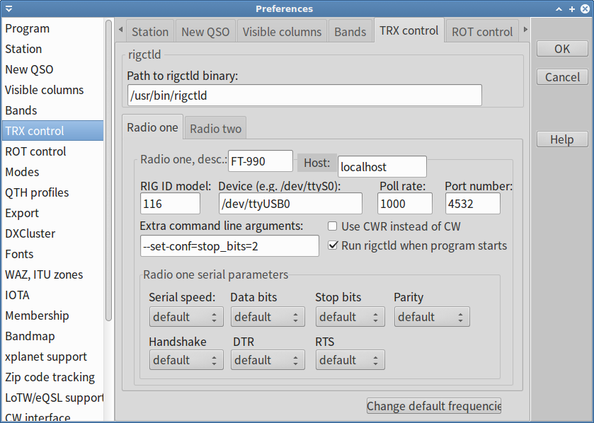 CQRLOG TRX control settings for Yaesu FT-990 CAT control over a USB to serial port converter on Xubuntu LTS 14.04