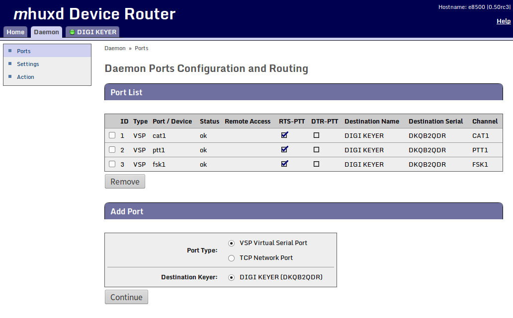 Configuration and routing of the mhuxd deamon virtual serial ports for the microHAM Digi Keyer