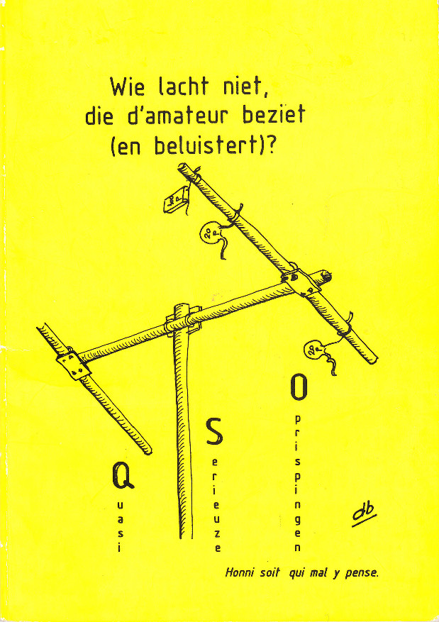 Kaftillustratie van het humoristisch boekje Wie lacht niet, die d’amateur beziet, geschreven door Piet de Bondt, PA3BGP (SK) en gratis verkrijgbaar als PDF