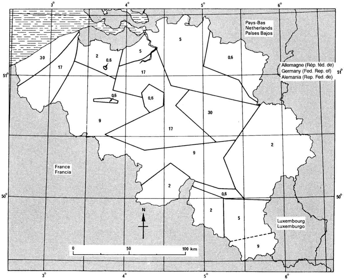 Belgian MF ground conductivity map in mS/m, standardised at 1MHz. Source: CCIR Rec. 832