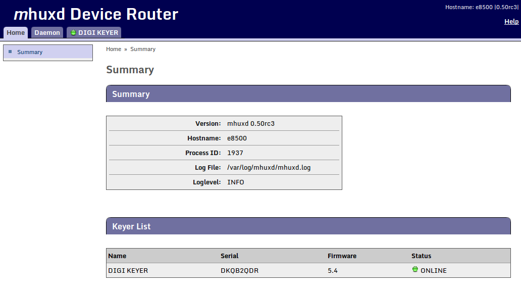 Summary screen of the mhuxd daemon available at http://localhost:5052, showing the keyer’s firmware version.