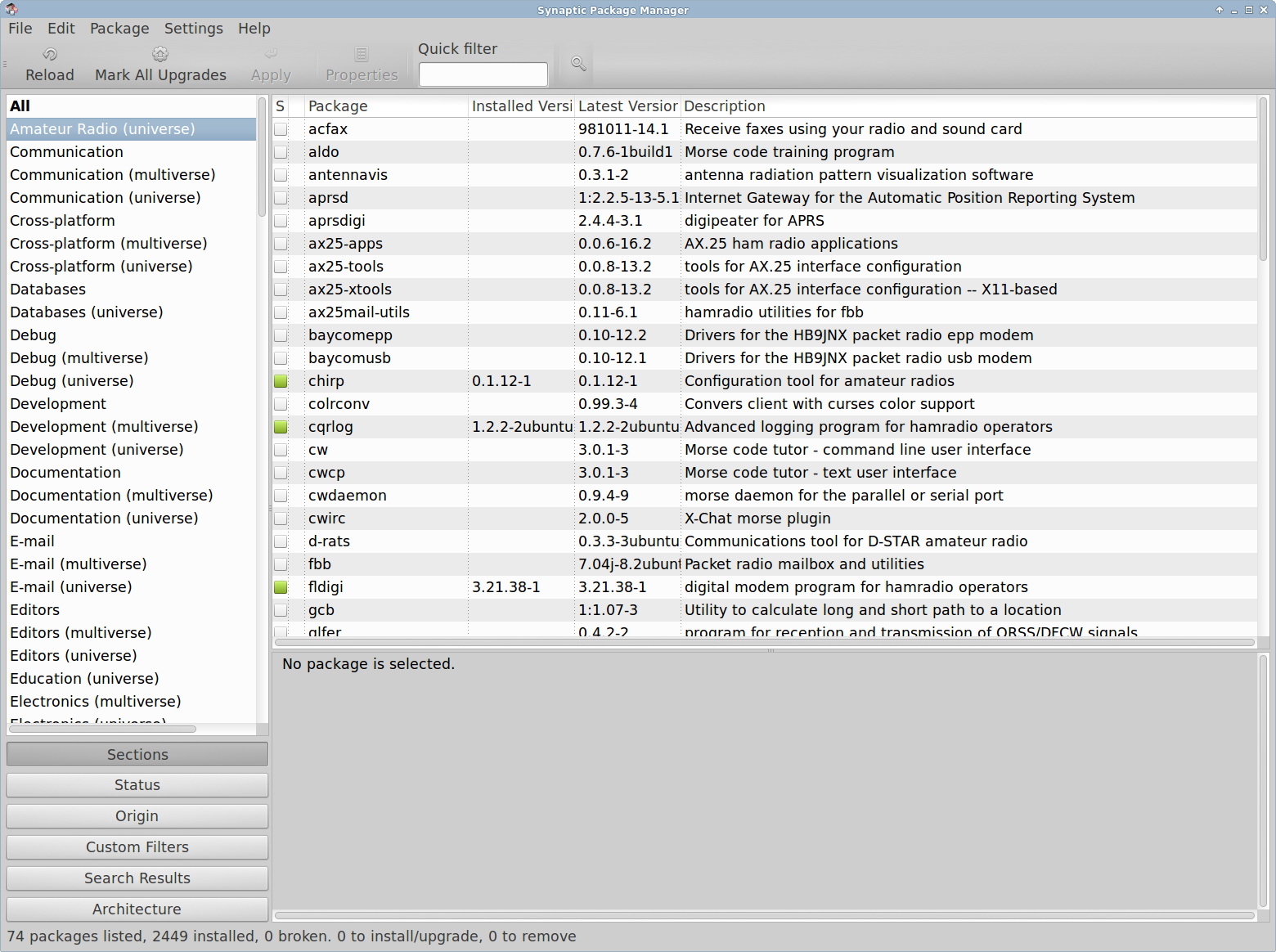 The Synaptic graphical package manager partially showing the “Amateur Radio” section of the Xubuntu LTS repository.