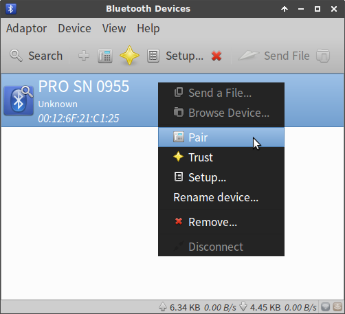 Click with the right mouse button on the discovered device, and select Pair.