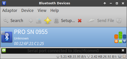 The miniVNA PRO is now connected to a serial port, which /dev/rfcomm port number is indicated at the bottom. Signal strengths are also shown with bar graphs.