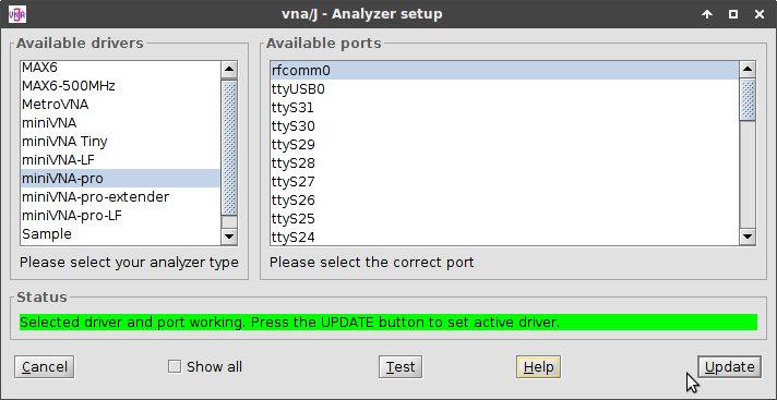 The selected port works now. Do not forget to click the Update button.