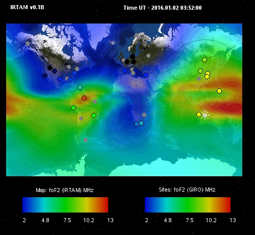 During the Northern hemisphere winter, the ordinary critical frequency of the F2 region regularly dips below 2 MHz, indicated by the dark transparent patches on the map. When this happens, NVIS communication is only possible on 160 m. Source: IRTAM